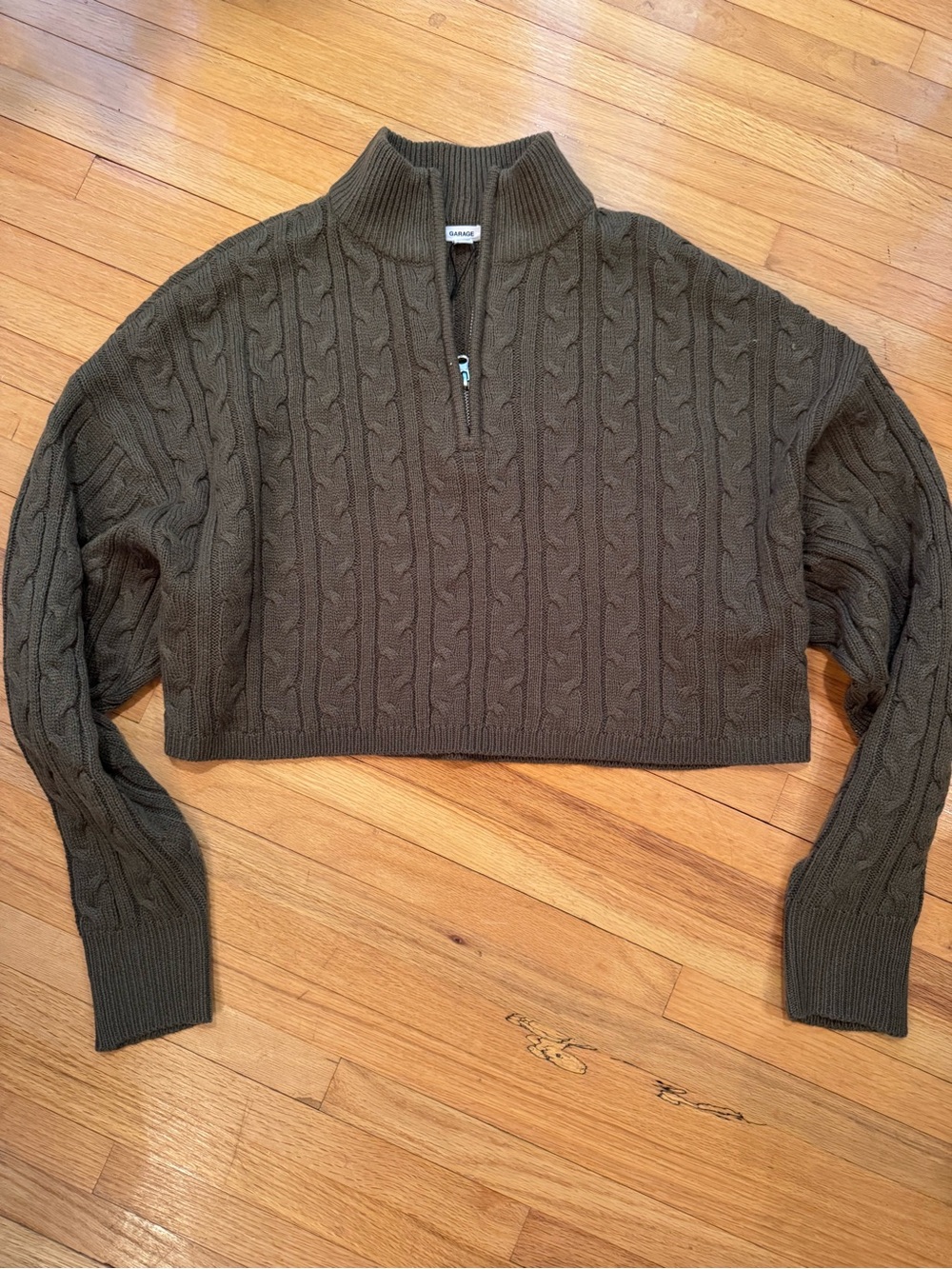 Garage Cable-Knit Half-Zip Cropped Sweater - Olive M
